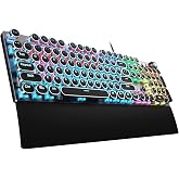 AULA F2088 Typewriter Style Mechanical Gaming Keyboard Wired, 104 Keys | Retro Computer Keyboard with Blue Switches, Rainbow LED Backlit, Removable Wrist Rest, Media Control Knob, Punk Round Keycaps