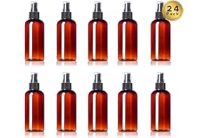 BOTTLES N BAGS 24 Empty Plastic Mist Spray 4 oz Bottles - Reusable PET Boston Round Squeeze Containers with Misters for Home & Beauty Products ● BPA-Free ● 24 Pc Value Pack (4 oz, Amber Brown)