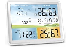 LUVUOKYE Weather Station Wireless Indoor Outdoor Thermometer, Color Display Digital Thermometer Humidity Monitor with Atomic Clock, Forecast Station with Calendar and Adjustable Backlight for Home