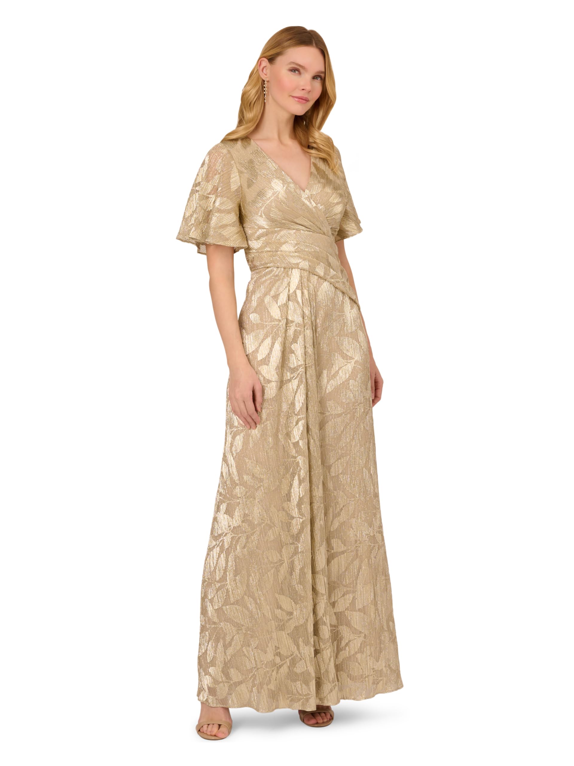 Adrianna Papell Women’s Foil Leaf Draped Gown | Long Metallic Dress with Short Butterfly Sleeves & Front Leg Slit,Champagne/Gold,8