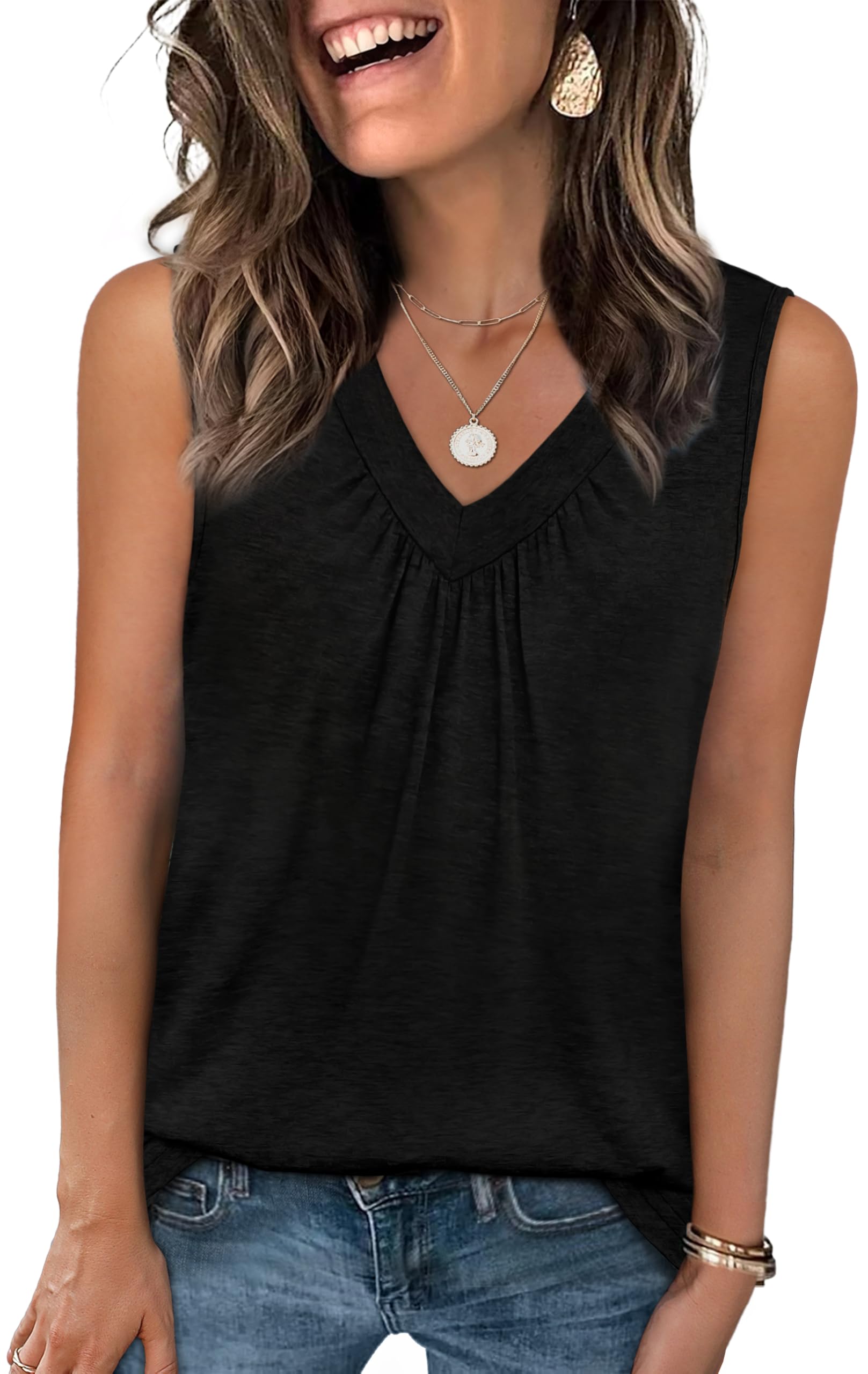 OFEEFAN Womens Summer Tops Black Tank Woman V Neck