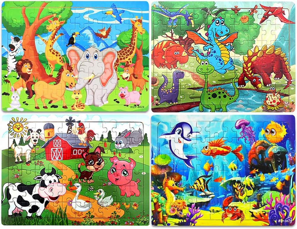 Wooden Puzzles for Kids Ages 4-8, 60 Piece Jigsaw Puzzles with Dinosaur Ocean Farm Zoo Theme Toddlers Preschool Educational Learning Toys 4 Piece