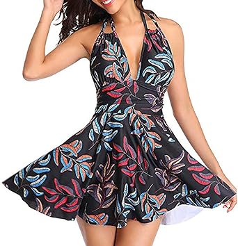 Clearance! Women's One Piece Bikini Swimsuit Plus Size Sexy V Neck Halter Hollow Print Swim 