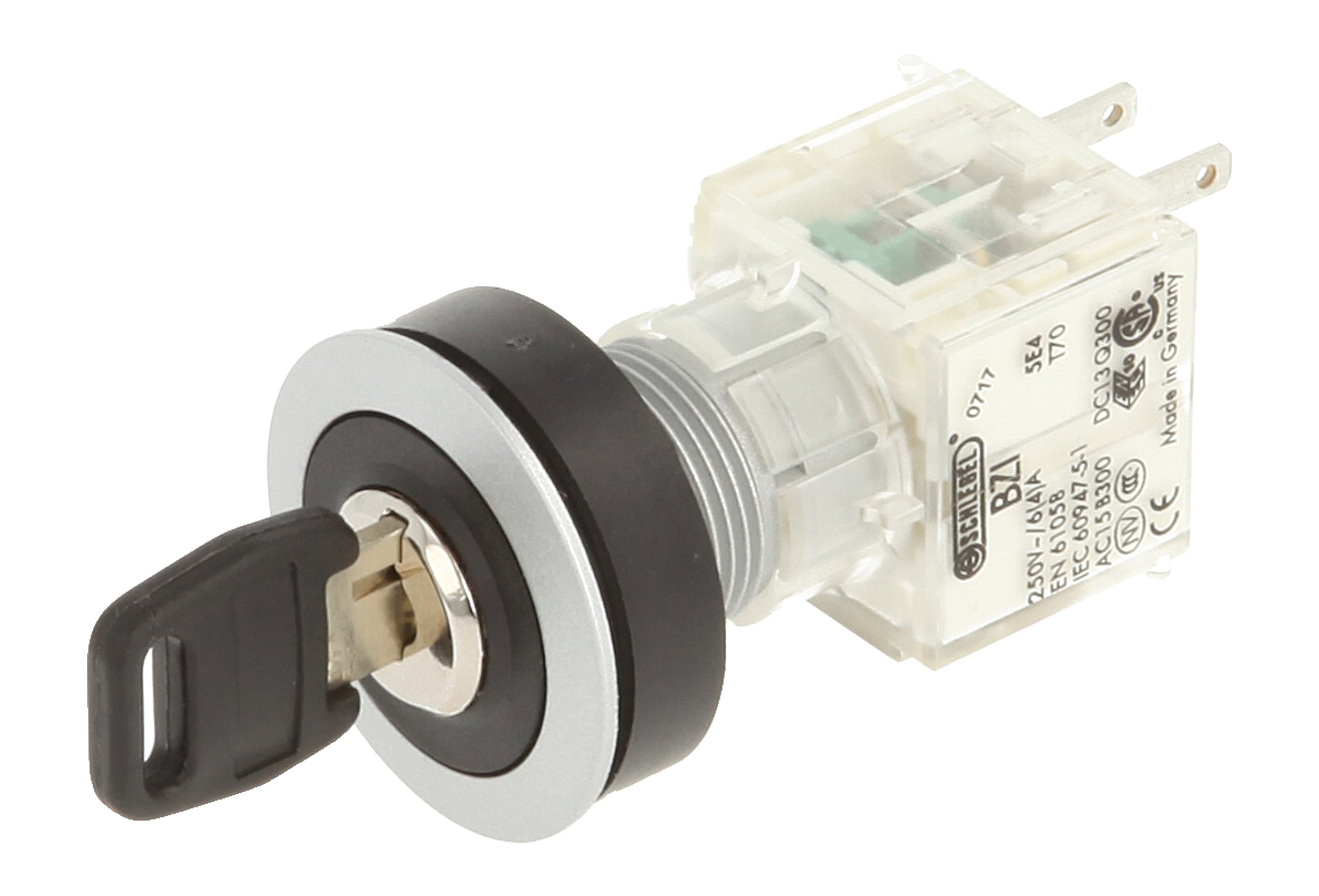 Schlegel 23.001.457 Key Switch Silver-Coloured, Buttoning, 2 Positions 12-13 o'clock, Push Contact Sensor, 1 N/O Contact