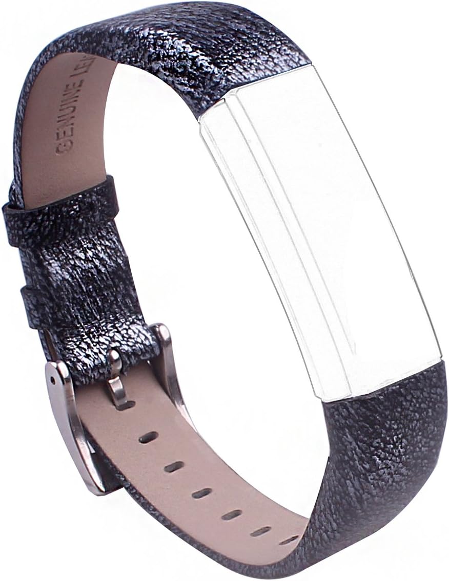 UNEXTATI for Fitbit Alta Band Leather Straps, Adjustable Classic Replacement Wristband for Fitbit Alta HR Fitness Accessories with Metal Connectors - Black Silver