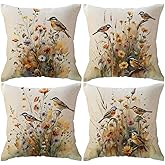 Autumn Birds Throw Pillowcases 4pack with Wildflowers Decorative Cushion Cover Fall Nature Farmhouse Rustic Pillow Covers for Sofa Couch Porch 18 x 18 Inches(Yellow/Orange)