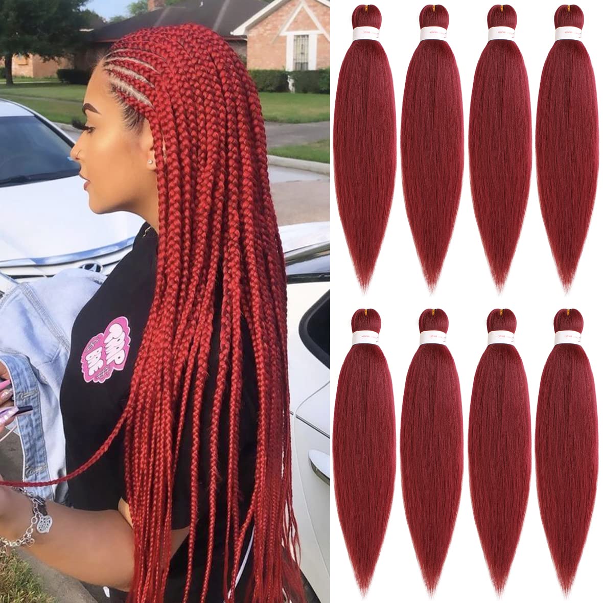 Leeven 8 Packs Red Pre Stretched Braiding Hair Extensions 20 Inch Yaki Hot Water Setting Fiber EZ Braid Pre-stretched Braiding Hair for Box Braids Knotless Braids /26 Inch 900# โ image 1