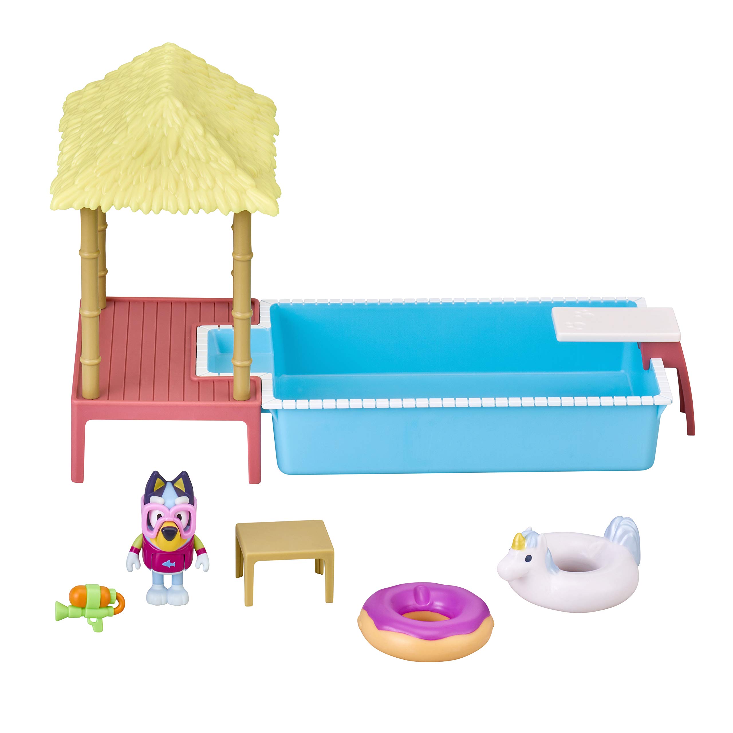 Bluey Pool Time Fun Playset: Bluey figure in Swim Suit, Pool with Diving Board and Deck and 4 Pool Accessories,Multicolor,6.5 x 4.72 x 10.63 inches