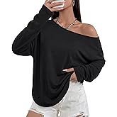 Simlakey Women's Off Shoulder Tops Oversized Spring Long Sleeve T Shirts Loose Fit Casual Basic Tees Solid Color Blouse Tops