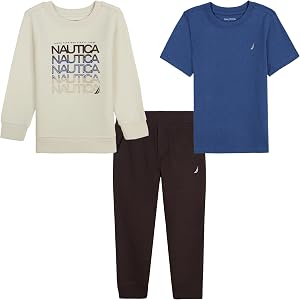 Nautica Boys' 3-piece Fleece Set, Crewneck Sweatshirt, Sweatpants, and Short Sleeve T-Shirt