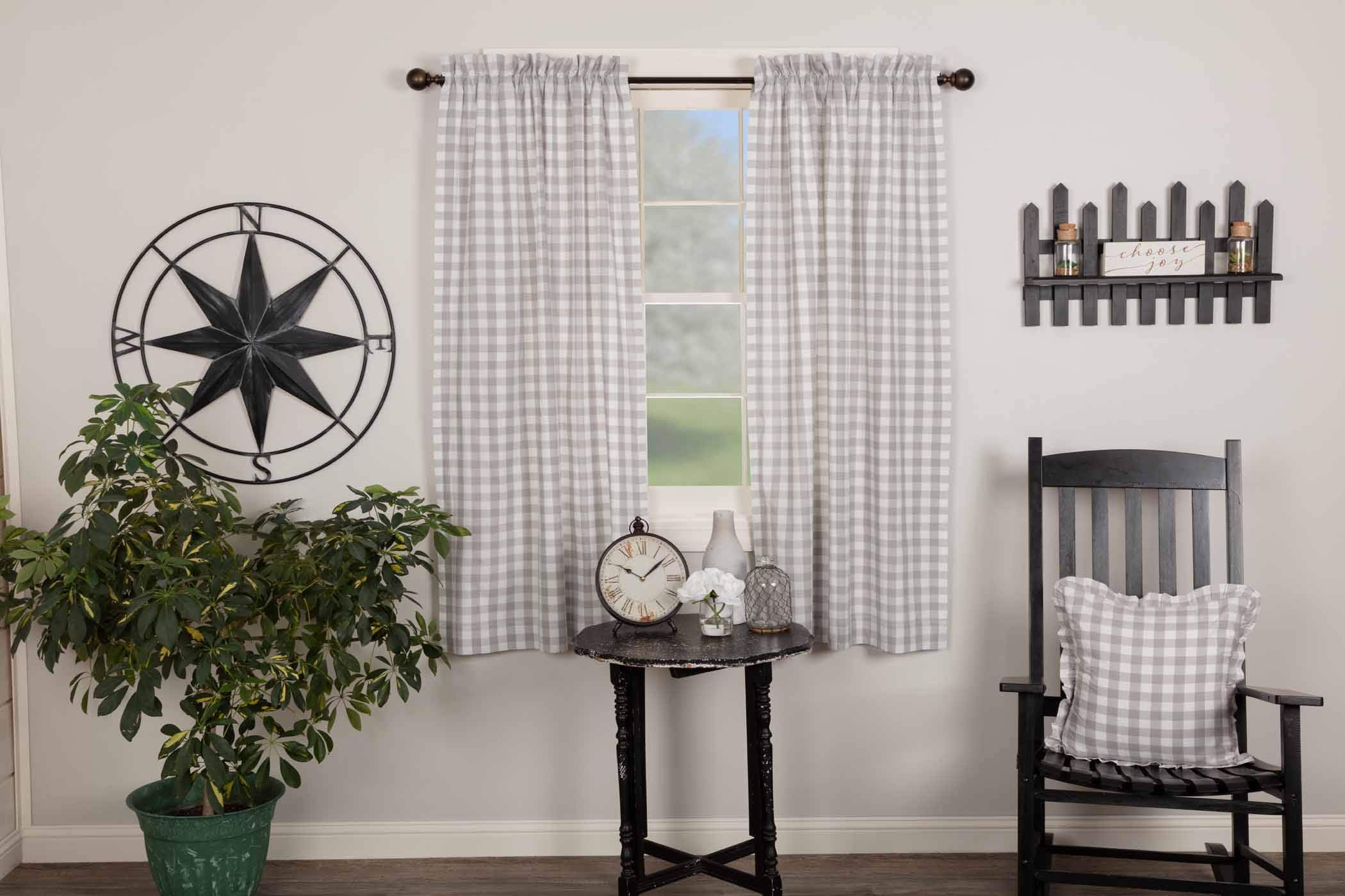 VHC Brands Farmhouse Window Annie Buffalo Check White Lined Short Curtain Panel Pair, Set 63x36, Grey