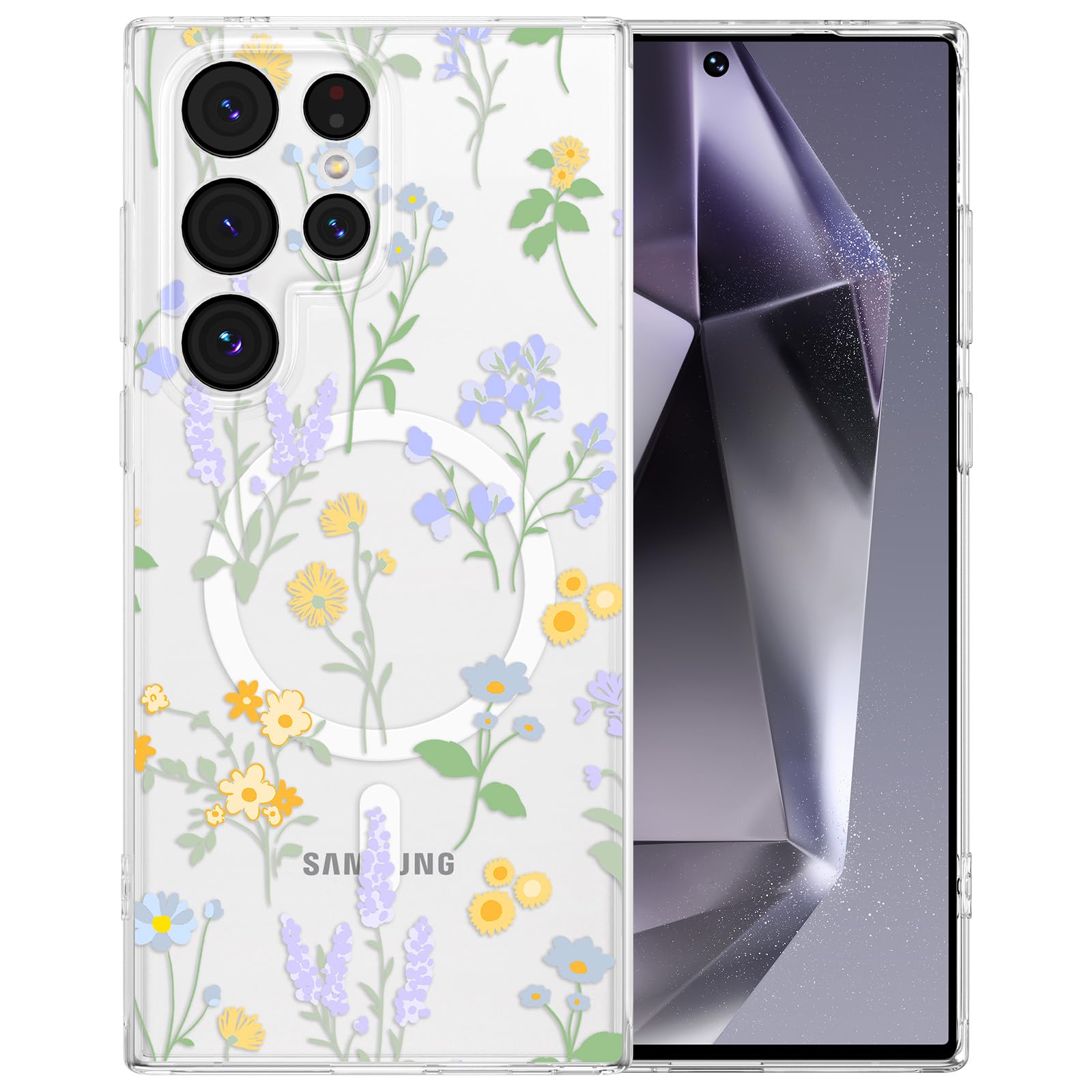 RALEAVO for Samsung Galaxy S24 Ultra Case Compatible with MagSafe Strong Magnetic Clear Floral Cover for Women Girls Slim Cute Hard Back Shockproof Phone Case for S24 Ultra ((Clear/Lavender)