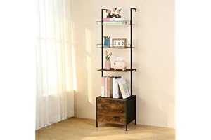 4 Tier Industrial Ladder Bookshelf with Drawers Wall Mounted Storage Shelves Wooden Bookcase with Metal Frame, Freestanding o