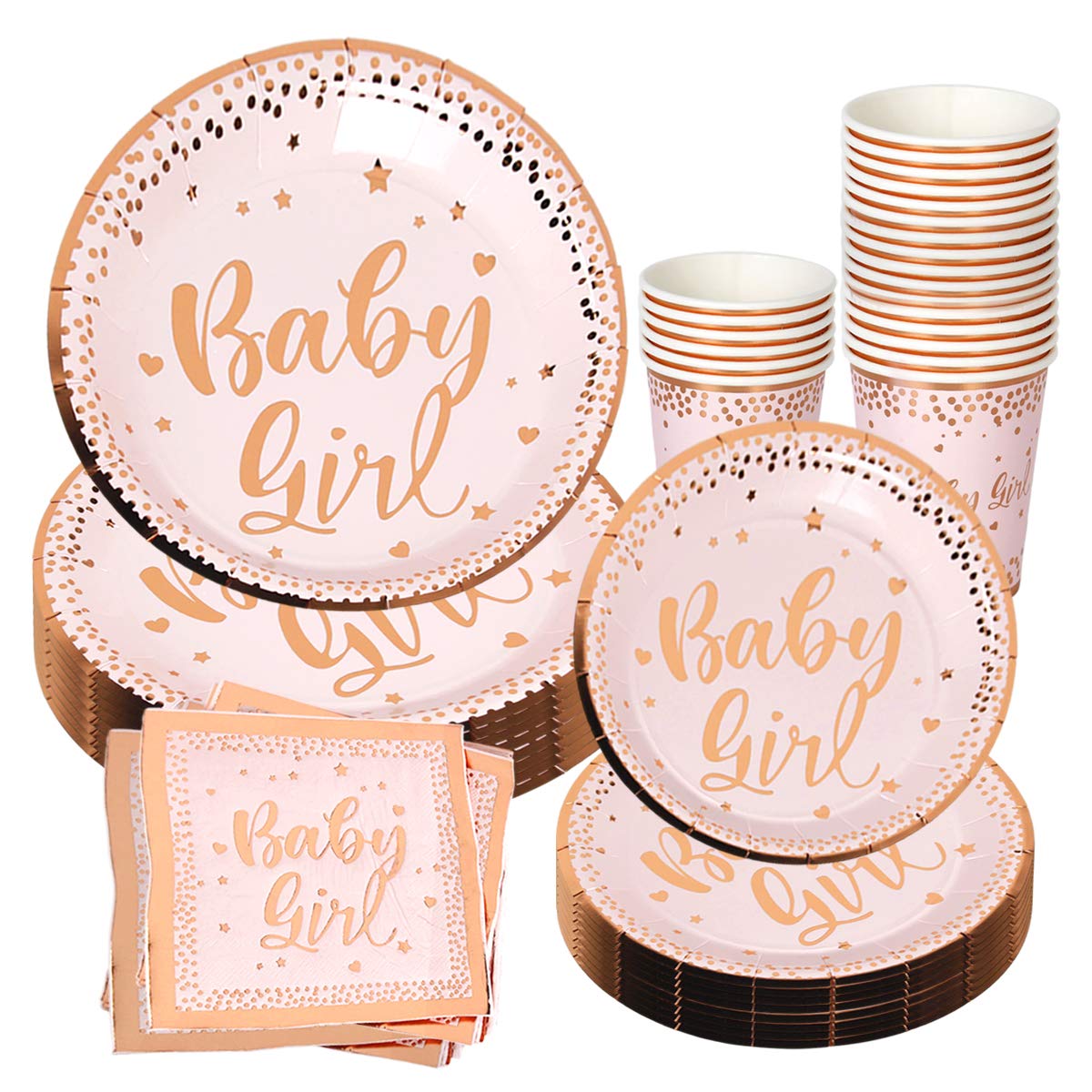 Pink Baby Shower Plates Cups and Napkins, Party Tableware Decorations Set for 24 Guests with Pink Paper Plates Napkins Cups, Disposable Tableware for Girl Baby Shower Decorations Girl Birthday Party