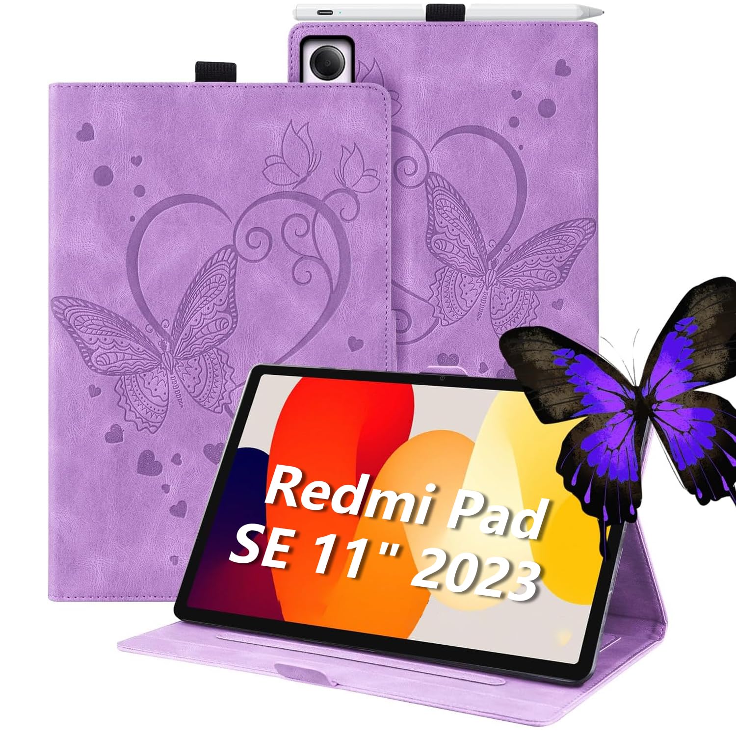Auslbin Xiaomi Redmi Pad SE Case 2023 11", PU Butterfly Embossed Leather with Stand Function and Pen Holder for Xiaomi Redmi Pad SE 11" 2023, Purple Butterfly