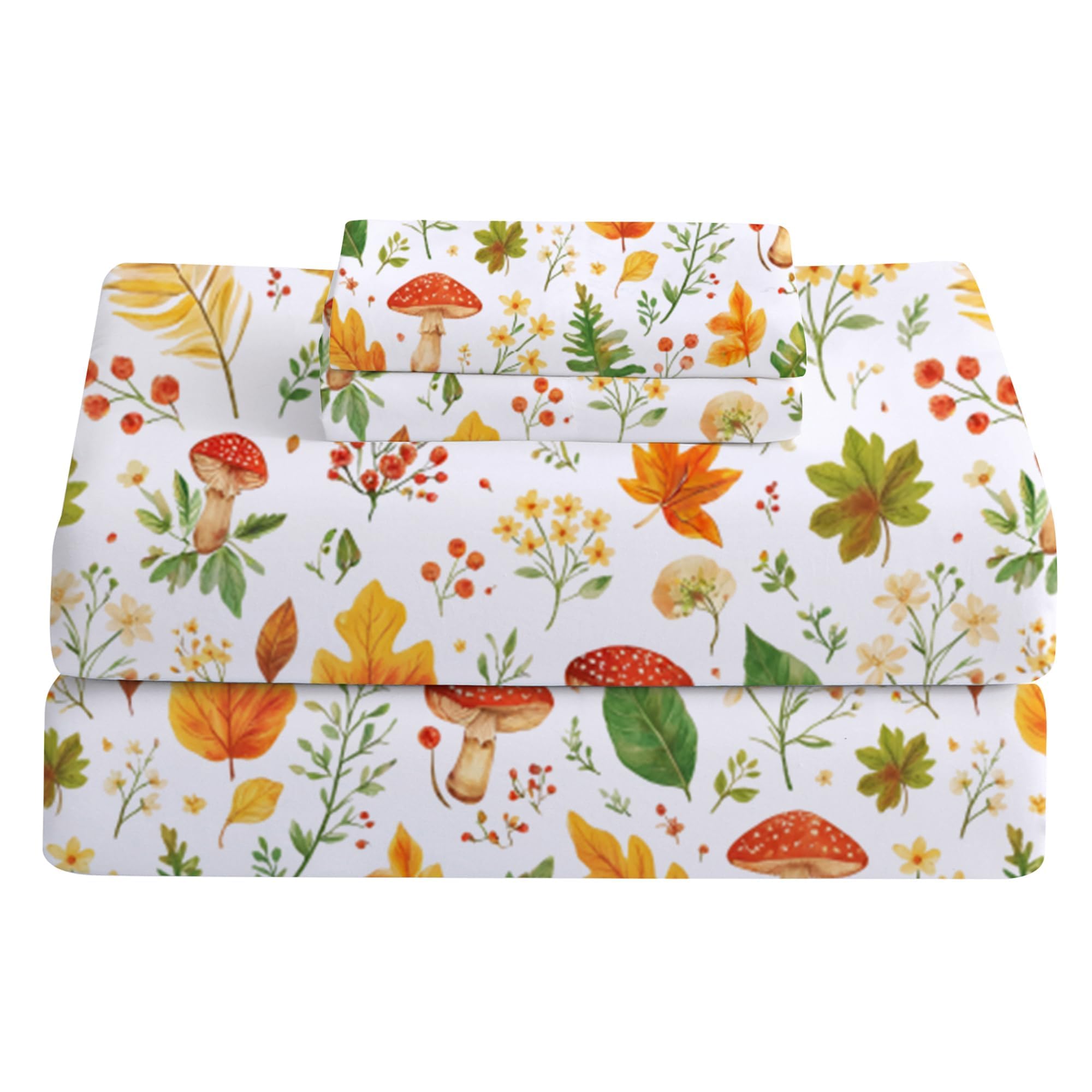 Softan Orange Floral Queen Size Sheet Set, Printed Microfiber Fitted Sheet with 15" Deep Pockets & Non-Slip Straps, Maple Leaves & Mushroom Patterned Bedding Sheets & Pillowcase Set Image