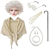 QAQ-COSPLAY 100th Day of School Grandma Costume for Women & Girls – Wig, Shawl, Glasses, Pearl Jewelry & Cane Set