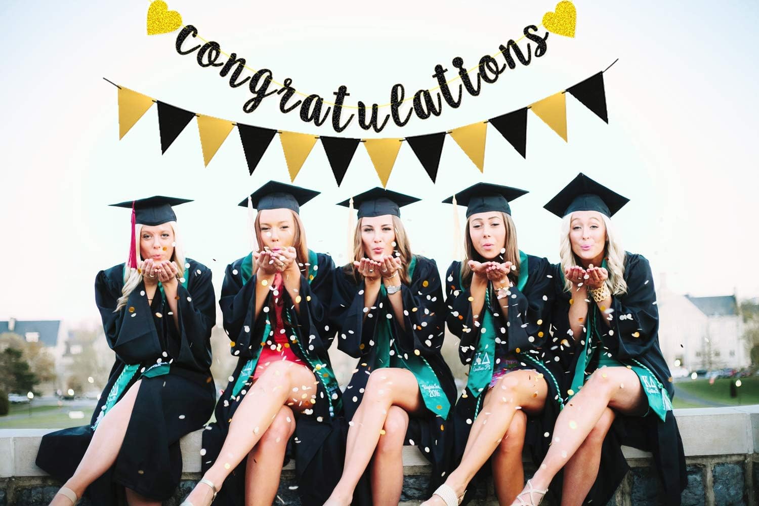 Triangle Graduation Senmaid Gold and Black Glitter Congratulations Graduation Banner ...