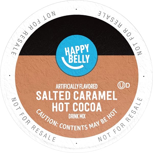 AMAZON BRAND – HAPPY BELLY HOT COCOA PODS COMPATIBLE WITH 2.0 K-CUP BREWERS, SALTED CARAMEL FLAVORED, 24 COUNT