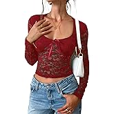 Y2K Lace Tops for Women Long Sleeve Slim Fit Mesh Shirt See Through Sheer Blouse Sexy Low Cut Going Out Crop Tops