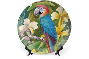 Gokays Decorative Plates, Tropical Flower & Parrot Painting Ceramic Plate, Wobble-Plate with Display Stand, Home Decor for Living Room Bedroom, Farmhouse Wall Hanging Round Plate Sign 8 Inch