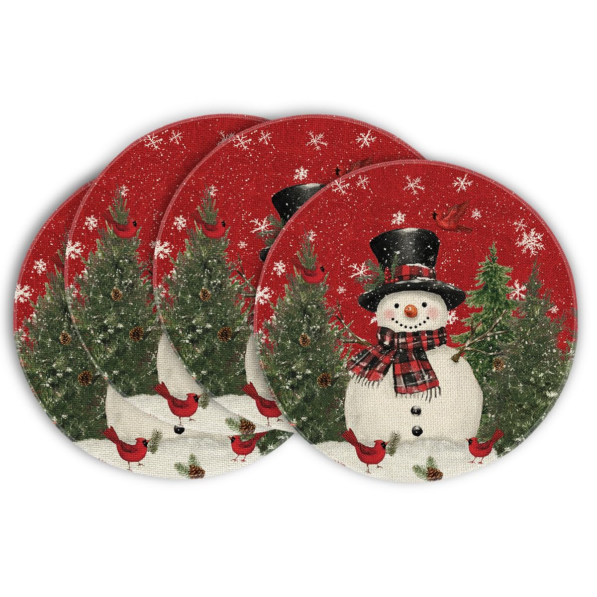Artoid Mode Scarf Snowflakes Snowman Birds Trees Christmas Placemats Set of 4, Round 37cm Seasonal Winter Xmas Holiday Vintage Washable Table Mats