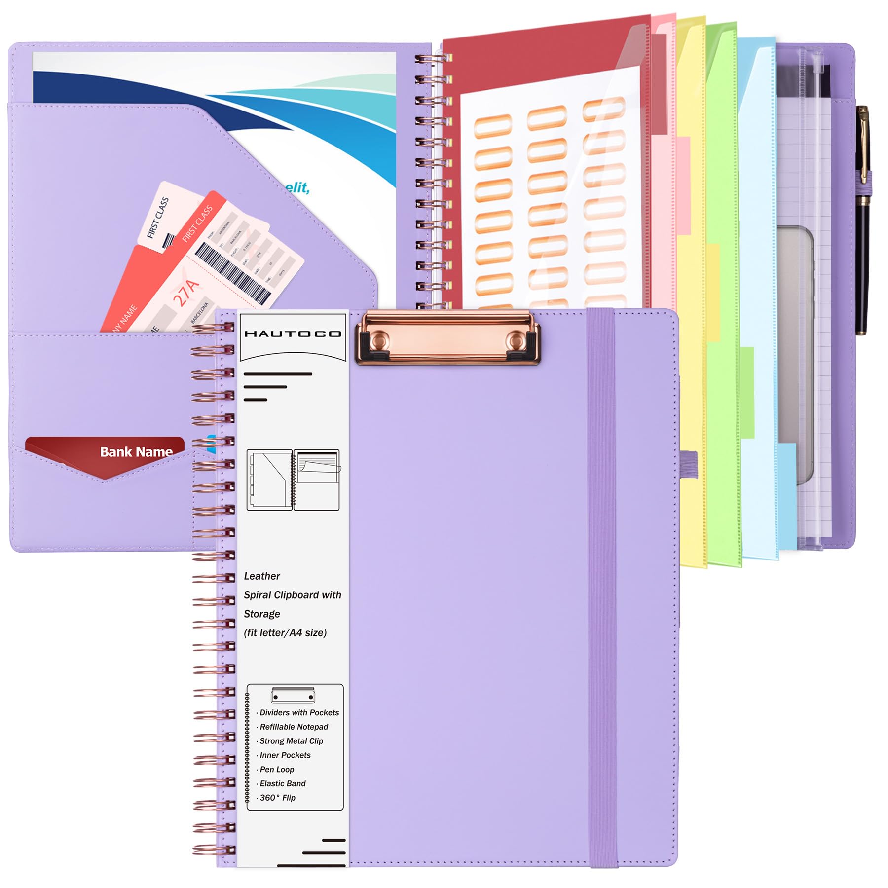 HAUTOCO Clipboard Folder with Storage Zip Bag, Spiral Clipboard Folio with Refillable Lined Notepad, 5 Folders Dividers with 10 Pockets, Leather Clip Board Portfolio for Office School, Lavender