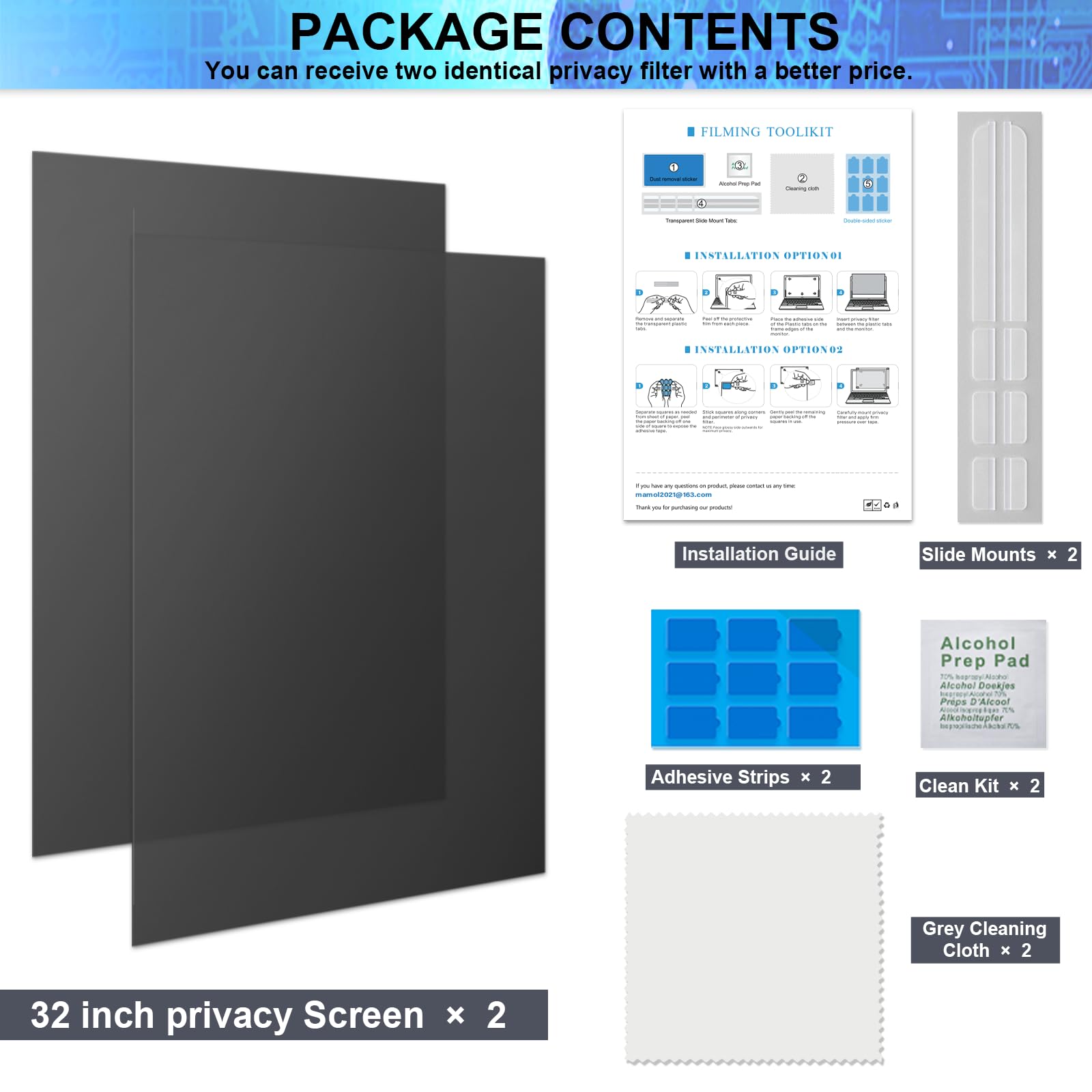 [2 Pack] 32 Inch Computer Privacy Screen Filter for 16:9 Widescreen Monitor, Removable Eye Protection Anti Glare Blue Light Filter Privacy Shield, Anti Scratch Anti Spy Screen Protector Film 32 In