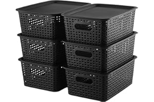 AREYZIN Storage Bins Plastic Storage Baskets With Lid Small Baskets for Organizing Stackable Storage Container Organizer Bins for Shelves Drawers Desktop Playroom Classroom Office, 6 Pack,Black