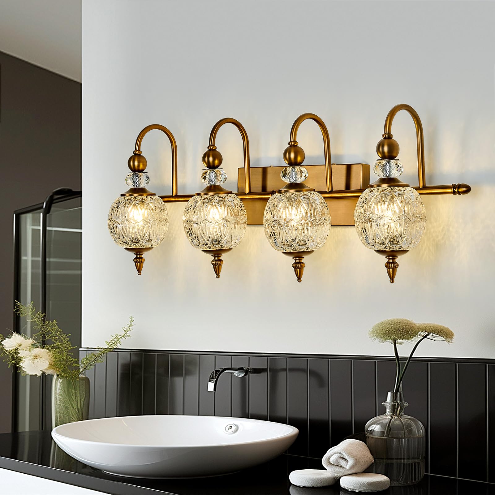Photo 1 of ***(PARTS ONLY/ MAJOR DAMAGE/ NON FUNCTIONAL)***Piepooye Vintage Bathroom Light Fixtures Gold Vanity Light with Glass Globe LampShade 4 Lights Brushed Brass G9 Bulb Wall Sconce Antique Indoor Vanity Light Over Mirror for Kitchen Bedroom Living Room