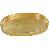 MAONAME Gold Decorative Tray with Handles, Foil Serving Tray for Ottoman, Oval Coffee Table Trays for Living Room, Bathroom, 15.6" L x 10.6" W x 1.4" H