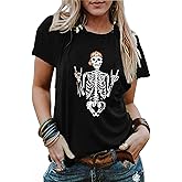 Skull Shirts for Women Gothic Skeleton Print Vintage Graphic Casual Cotton Tops Funny Workout Athletic Shirts