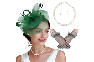 MS.ING Fascinator Hats for Women Tea Party Hats and Gloves Pearl Jewelry Set Derby Hat for Cocktail Wedding
