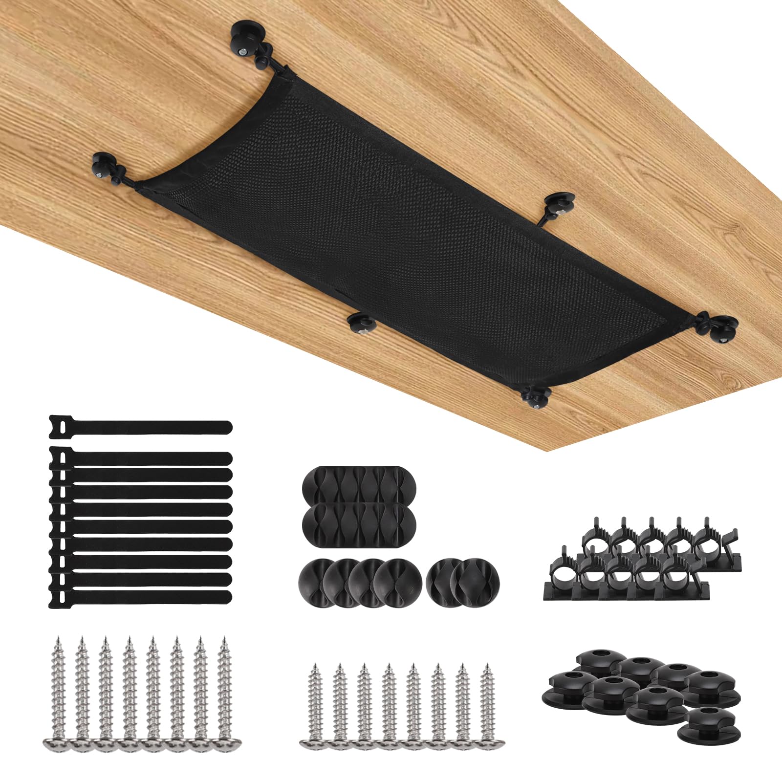 WurdeWindig Cable Management Net, Under Desk Cable Manager Kit, Flexible Mesh, Extra Large Capacity Cable Organization, Hide Cables for Desktop, Suitable for Large Desks, Black, 95 x 24 cm