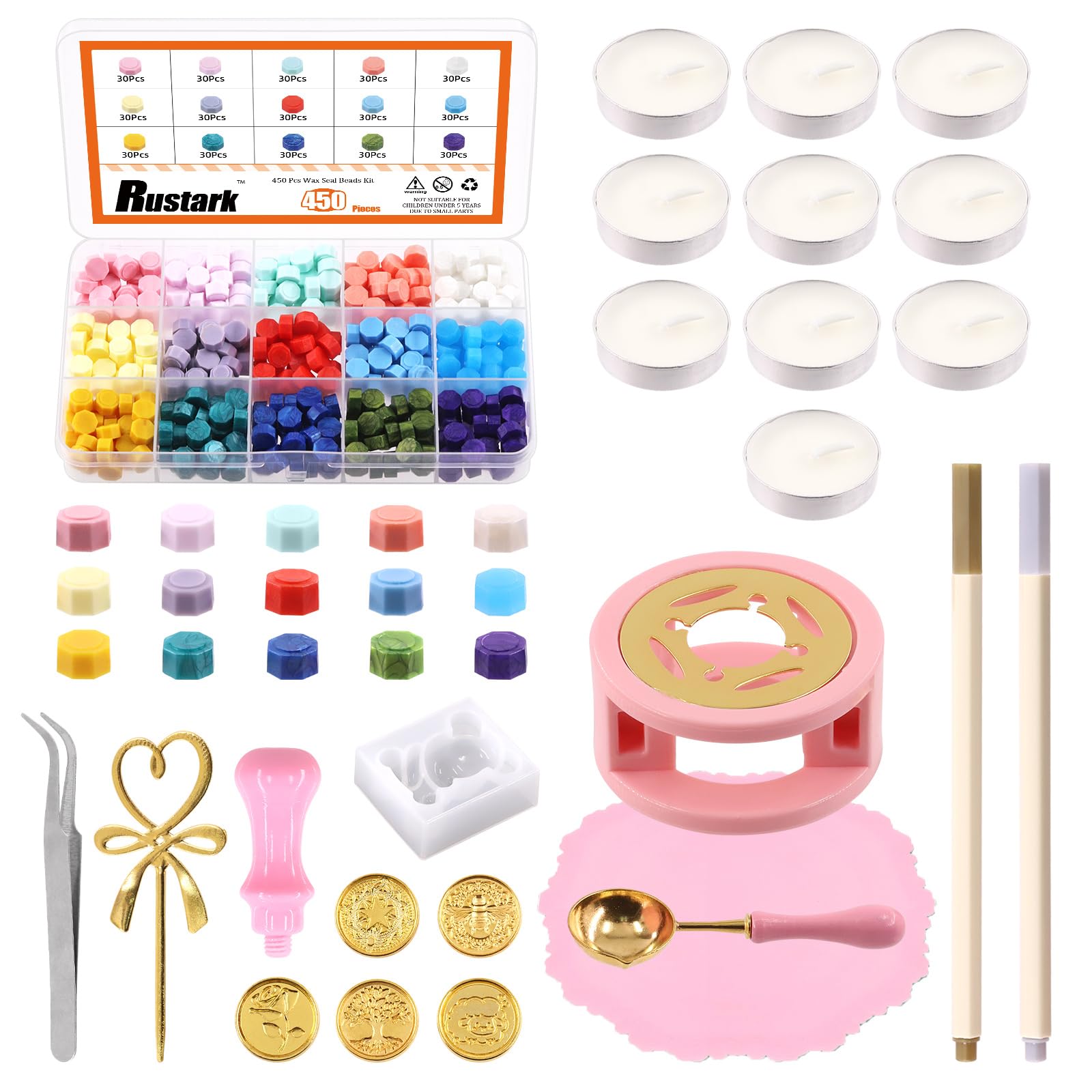 Rustark 474Pcs Wax Seal Stamp Kit 15 Colors Wax Seal Beads, Wax Seal Stamp, Wax Warmer and Spoon, Metallic Pens, Tealight Candles, Accessories for Letter Sealing, Invitation Cards, Gift, Decoration