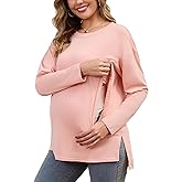 Women's Nursing Shirts Long Sleeve with Hidden Zipper Oversized Breastfeeding Tops Side Split Maternity Blouse