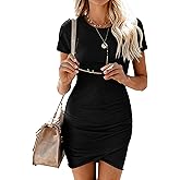BTFBM Women’s Summer Dresses 2026 Casual Bodycon Mini Dress Short Sleeve Crew Neck Mini Ruched Spring Beach Vacation Outfits