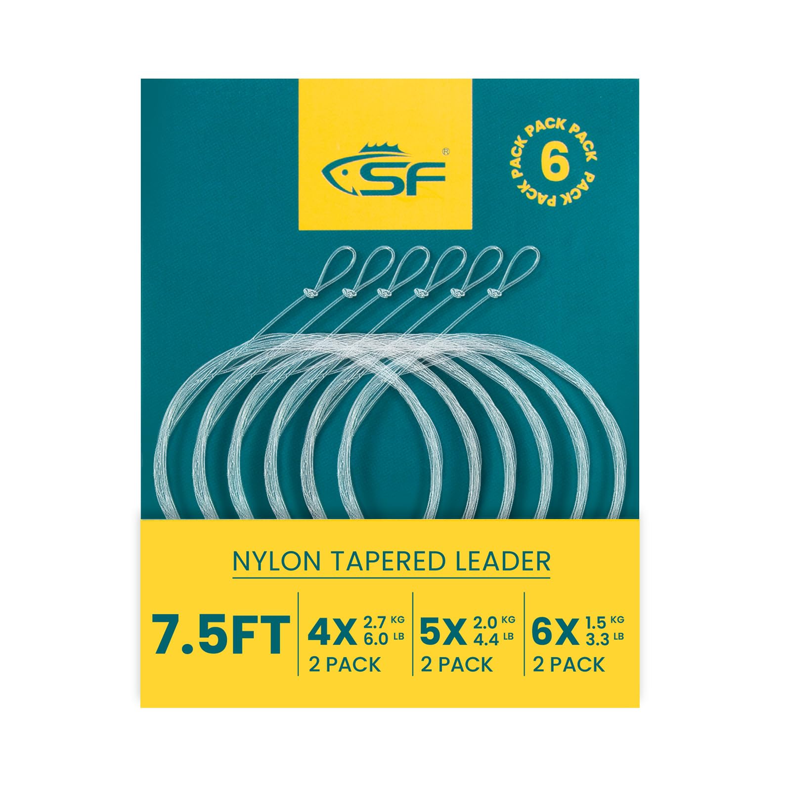 SF 6Pcs Pre-Tied Loop Fly Fishing Tapered Leader Nylon Fly Trout Leader 7.5FT-4X(2) 5X(2) 6X(2)