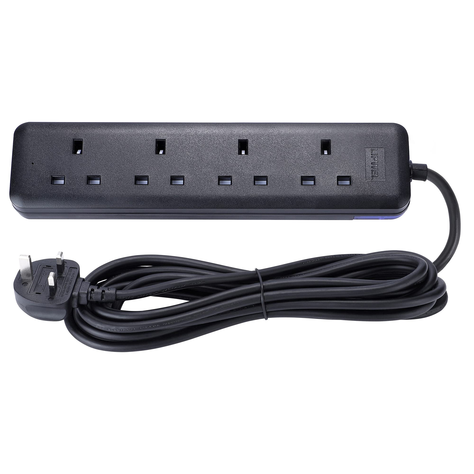 LIPWEL Extension Lead 5m Long Extension Cable 4 Way Power Strip Fireproof Power Socket Black Extension Cord 3250W Muti Plug for Home, Office&Garden