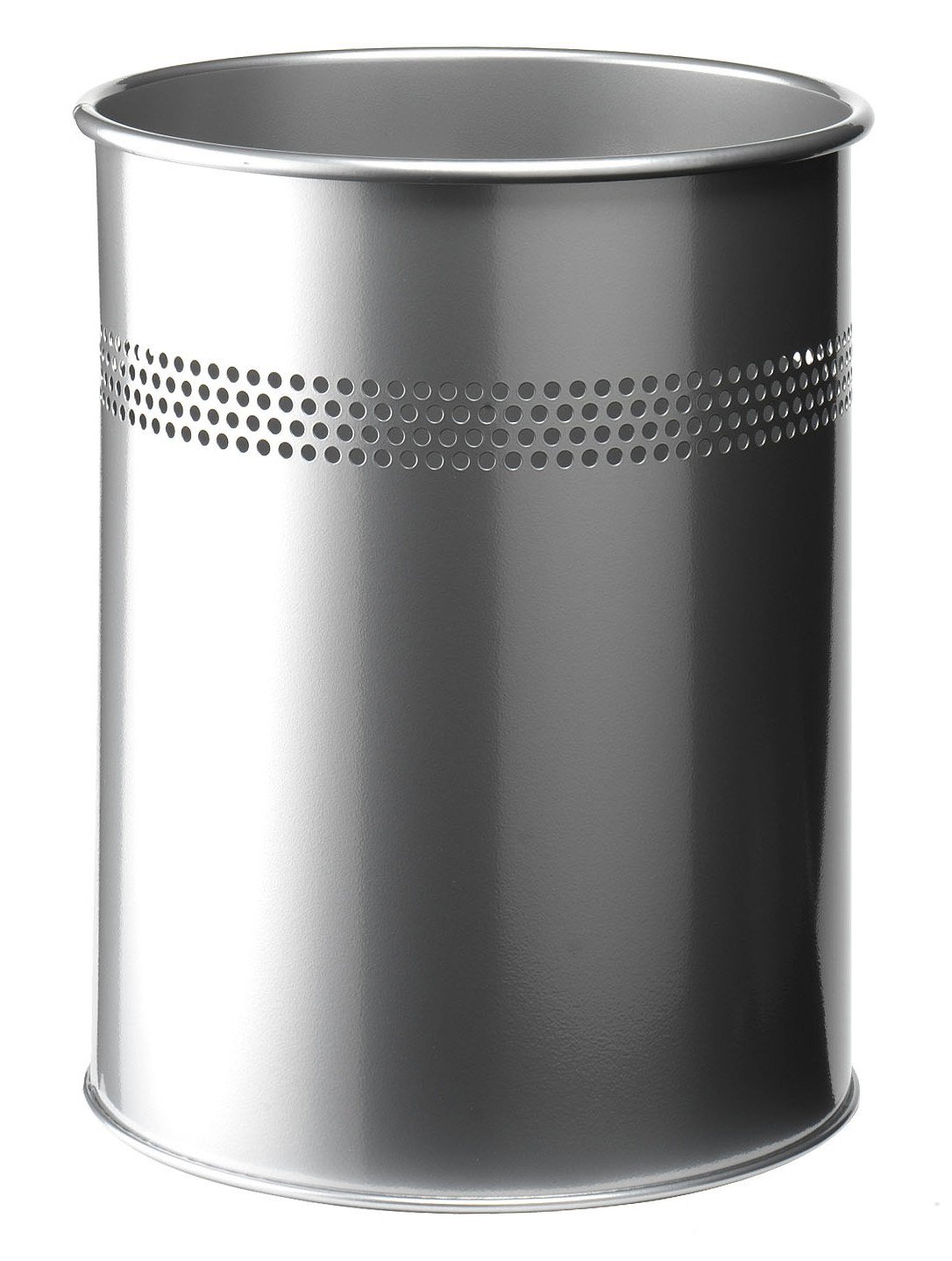 Durable Metal Round Waste Bin Silver 15 Litre Capacity | Stylish 30 mm Perforated Ring | Waste Basket for Offices, Schools, Home, etc.