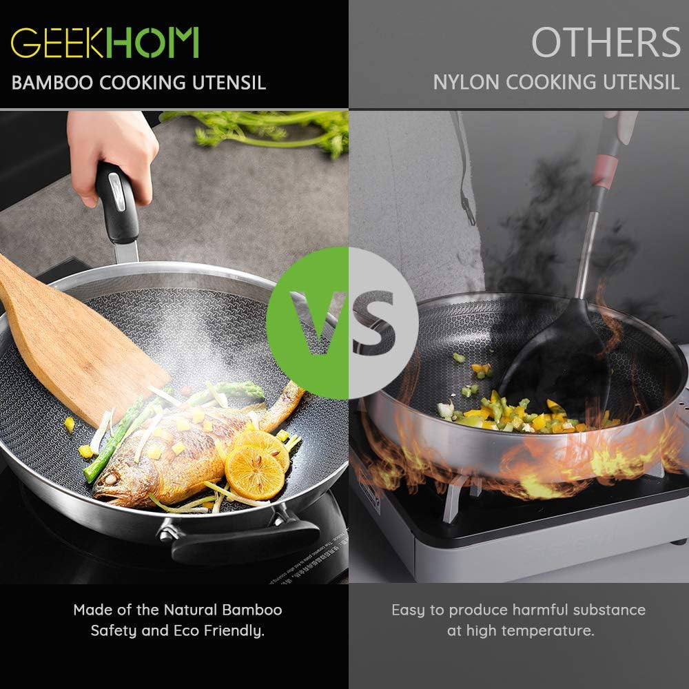 GEEKHOM Bamboo Cooking Utensils with Holder, 7 Pieces Extra Large Wooden Kitchen Utensils Set, Heat Resistant Wood Spoons Turners Spatulas for Nonstick Cookware, Kitchen Flippers for Pancake Egg Fish: Kitchen & Dining