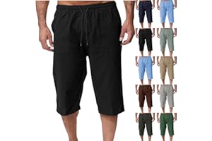 Sokhug Men's Linen Harem Capri Pants Casual Lightweight Drawstring Yoga Pants Baggy 3/4 Beach Trousers with Pockets