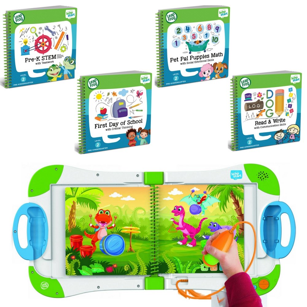LeapFrog LeapStart Preschool, Pre-Kindergarten Interactive Learning System For Kids Level 2 Ages 2-4 With Junior Activity Books: STEM, Math, Read & Write & First Day of School Fun Activity Bundle
