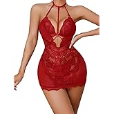 Aranmei Women Lingerie Sexy Lace Teddy Babydoll Chemise Halter Nightwear Sleepwear with Thong
