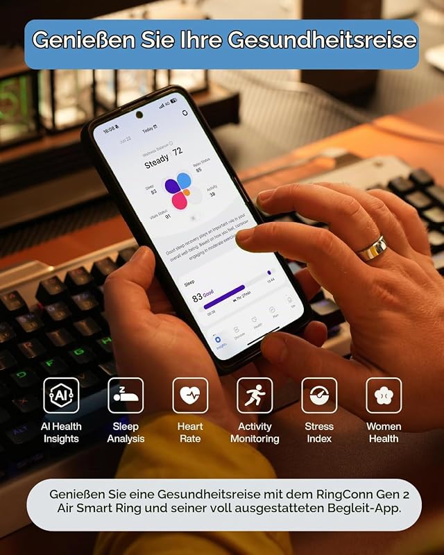 Gen 2 Air, Ultra-schmaler AI-Smart Ring, 10-Tage Akkulaufzeit, Schlaf/Stress/HR-Tracker, Smartringe für Herren & Männer, IP68 wasserdichtes, kompatibel mit iOS & Android (Dune Gold, 7)