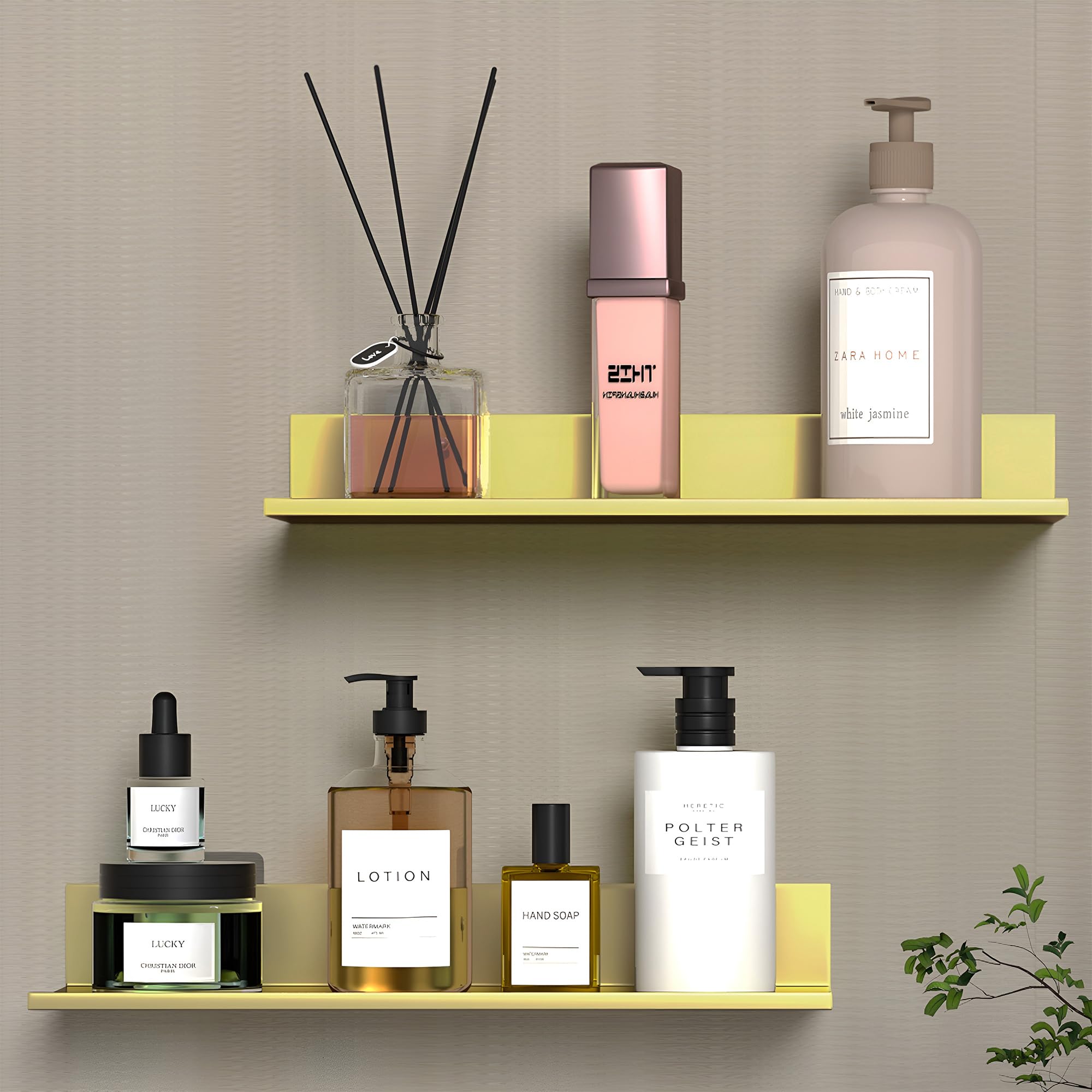 HNVNER Shower Caddy Brushed Gold, Metal Floating Shelves Wall Mounted 2 Pack, 30CM Bathroom Shelf No Drilling, Wall Storage Rack for Living Room, Kitchen, Bedroom