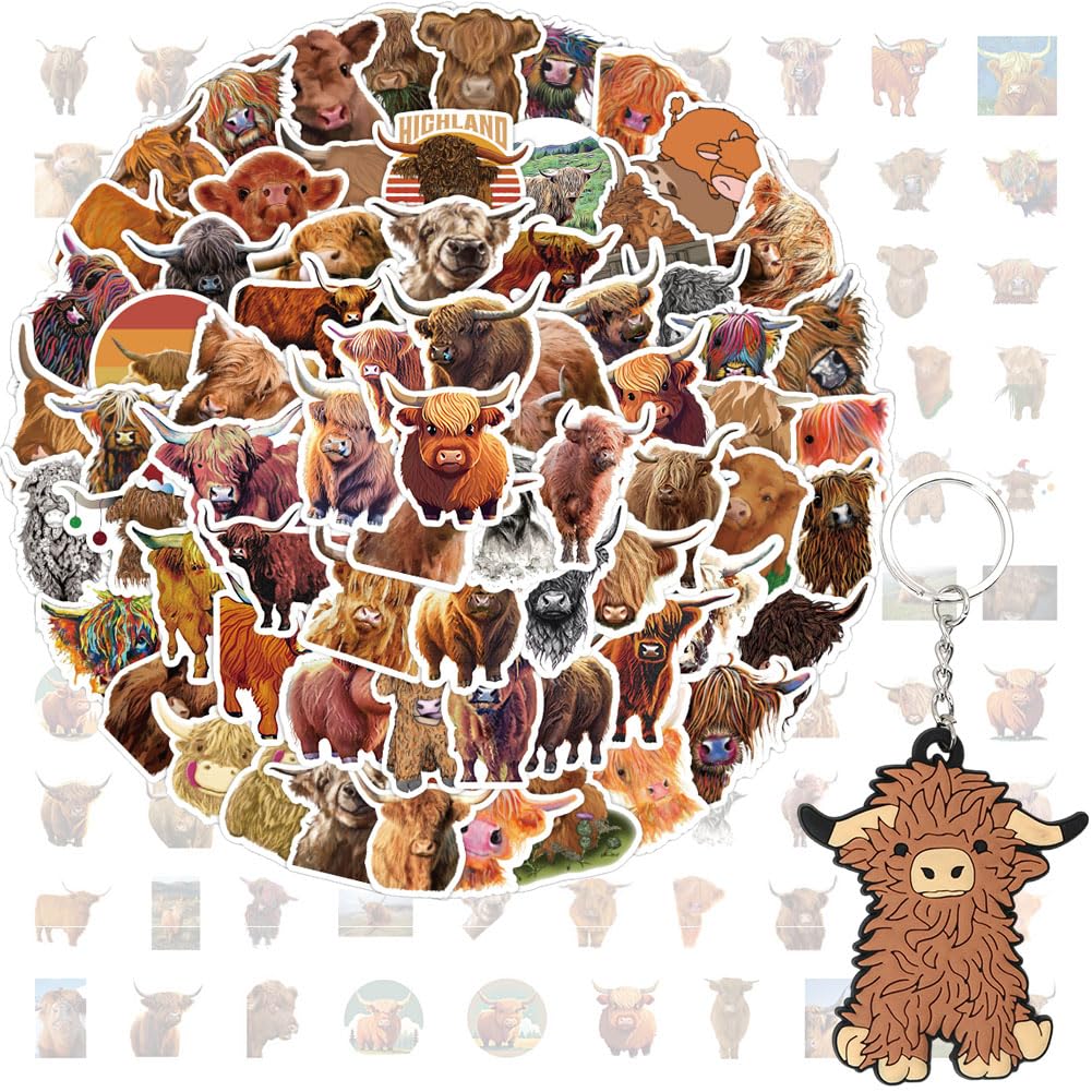 SWZY Highland Cow Stickers and Cow Keychain Set, 100pcs Cow Sticker Key Ring & Brown Cow Keyring Pendant Keychains for Kids Adults, Waterproof Animal Party Stickers for Water Bottle Scrapbook