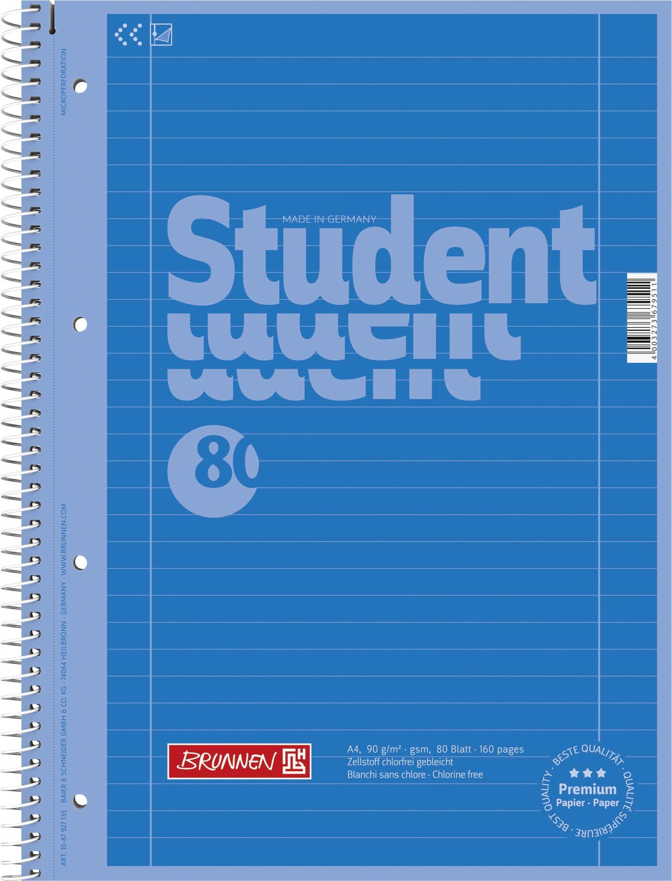 Brunnen 1067927126 Colour Code Student Notepad (A4 Ruled, line Style 27, 90 g/m², 80 Pages) Azure Blue