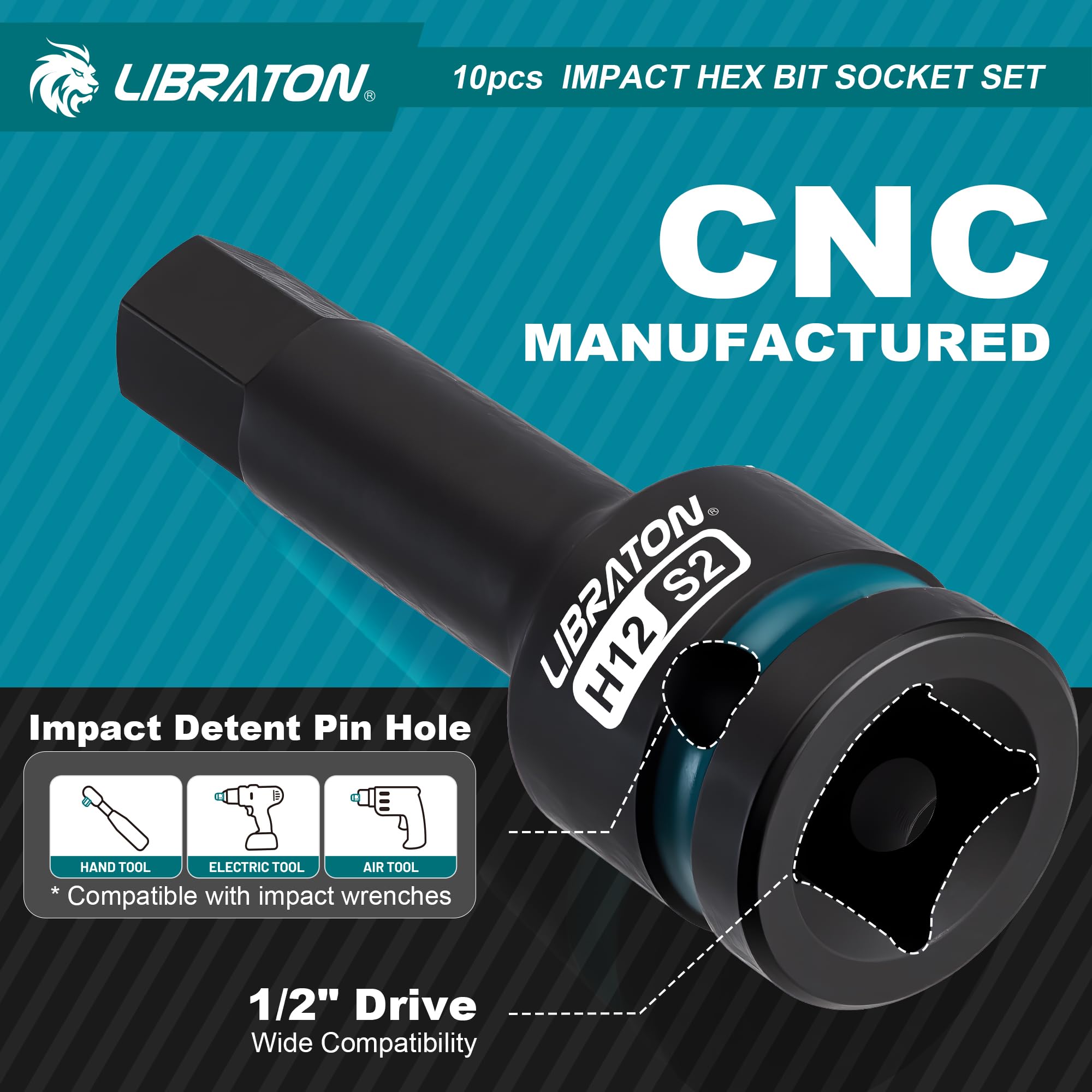 LIBRATON Schlag Hex Bit Steckschlüssel Set, 1/2” Kraft, S2-Stahl, 10-tlg Schlag-Sechskant-Bit-Steckschlüsselsatz H5-H19, Hex-Steckschlüssel, XPE-Aufbewahrung, Autoreparatur 4