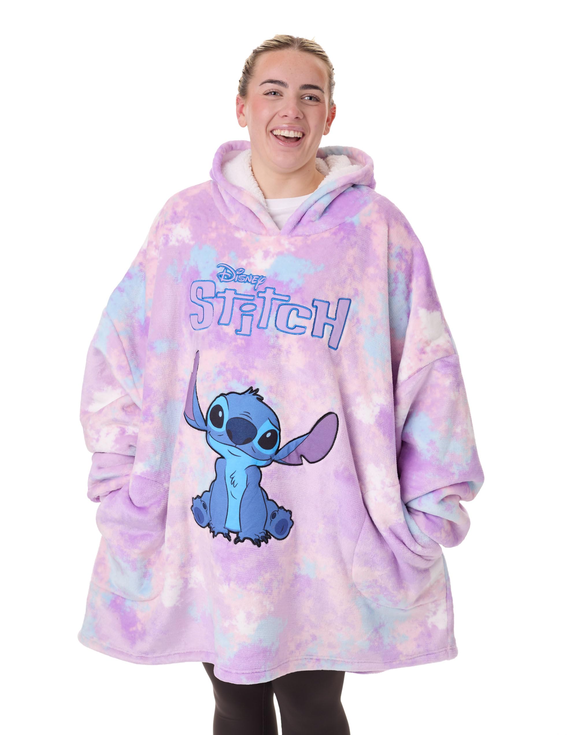 Disney Lilo & Stitch Womens Wearable Blanket | Ladies Watercolour Purple & Blue Embroidered Character Fleece Hoodie | Heavyweight Comfortable Hooded Pullover | Loungewear Movie Merchandise Gift